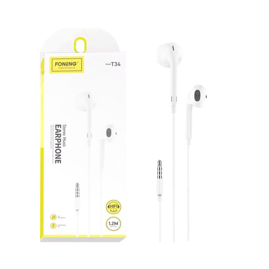 Foneng Wired Earphones T34 with Microphone 3.5mm 1.2M White